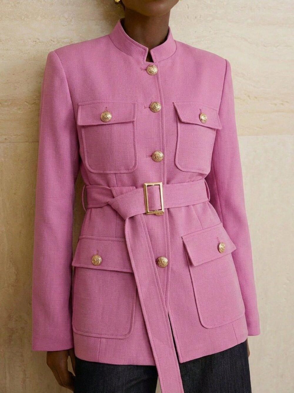 Pink Elegant Women's Stand Collar Tweed Belt Utility Jacket